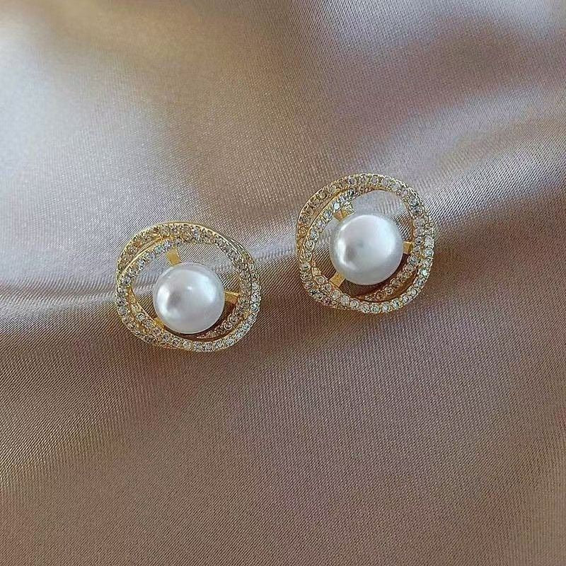 Pearl Stud Earrings with Crystal Halo Design