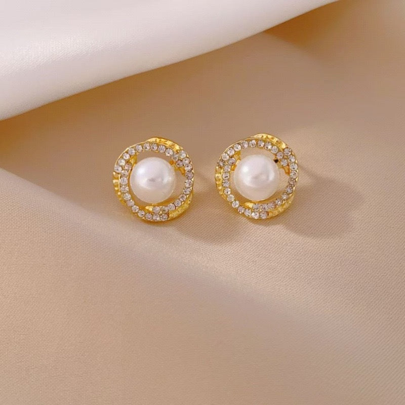 Pearl Stud Earrings with Crystal Halo Design