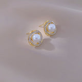 Pearl Stud Earrings with Crystal Halo Design