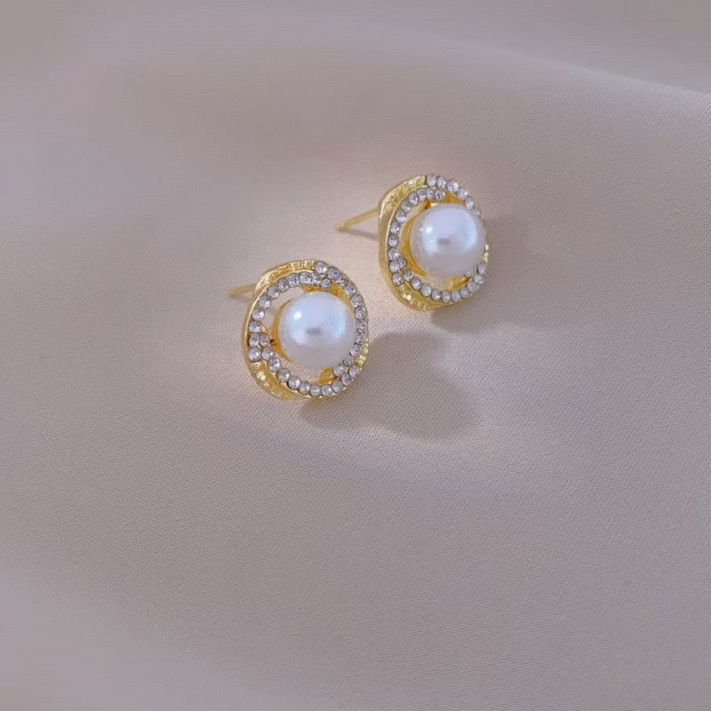 Pearl Stud Earrings with Crystal Halo Design