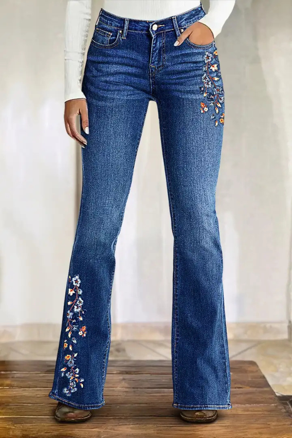 Floral Embroidered Flare Blue Denim Jeans