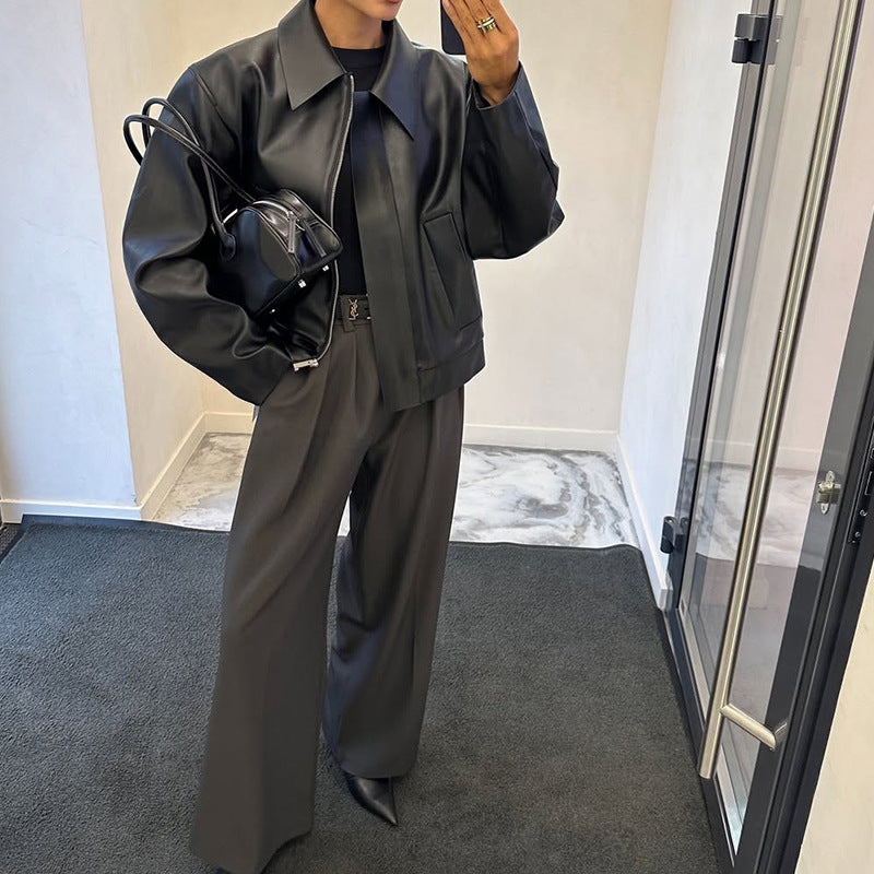 جاكيت أنيق من الجلد الصناعي الأسود