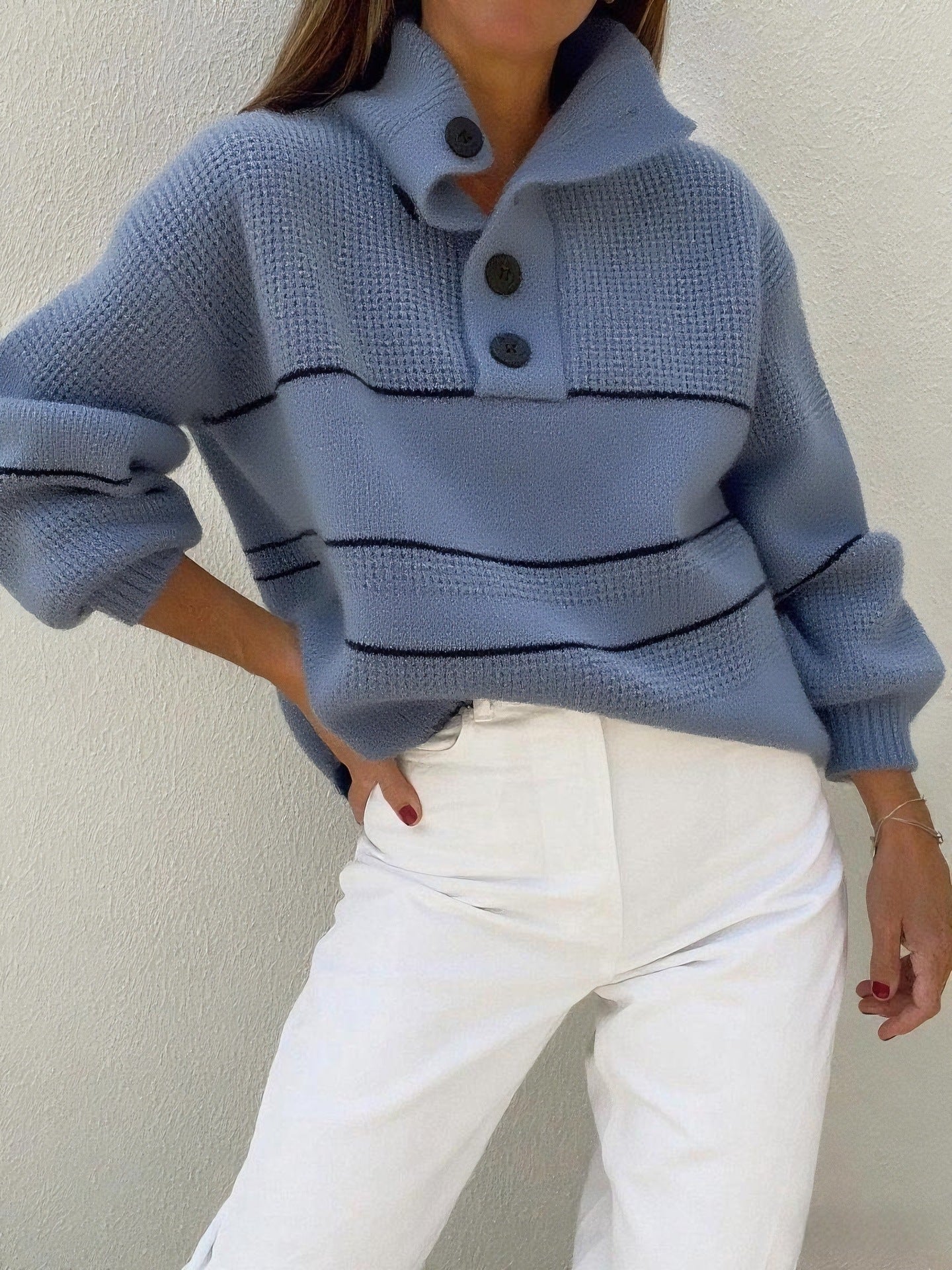 Textured Button-Up High Neck Top