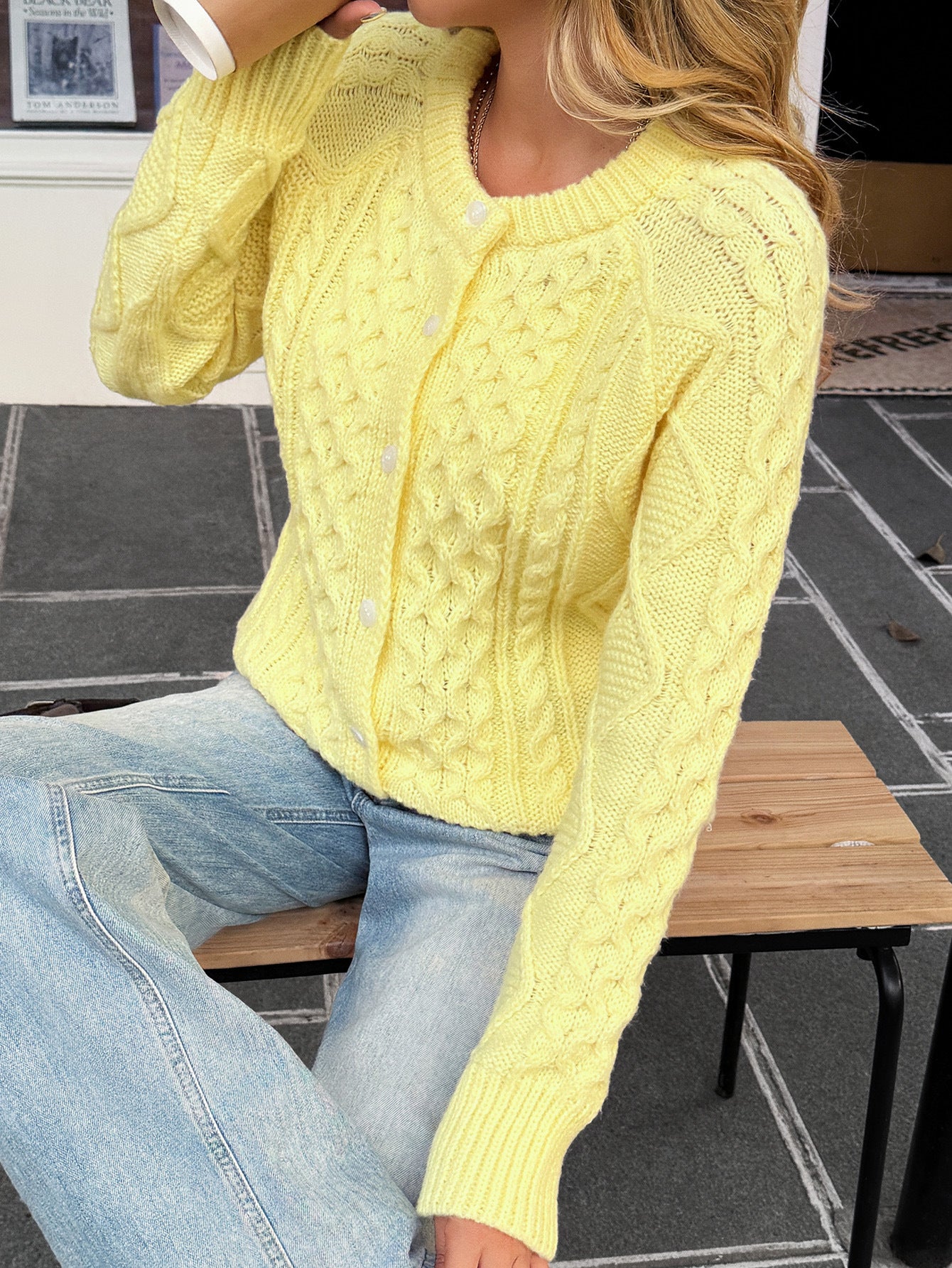 Yellow Cable Knit Button-Up Jacket