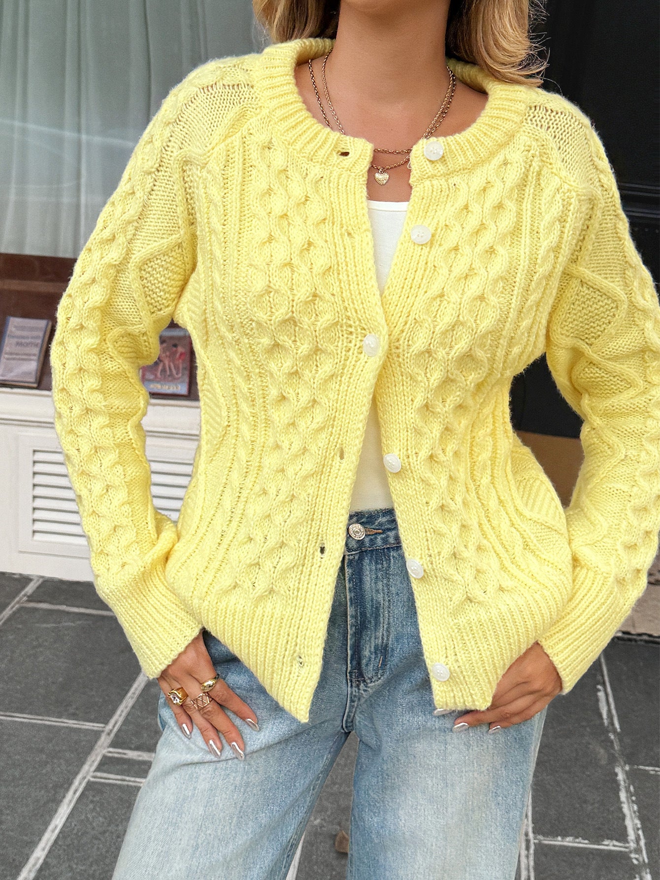 Yellow Cable Knit Button-Up Jacket