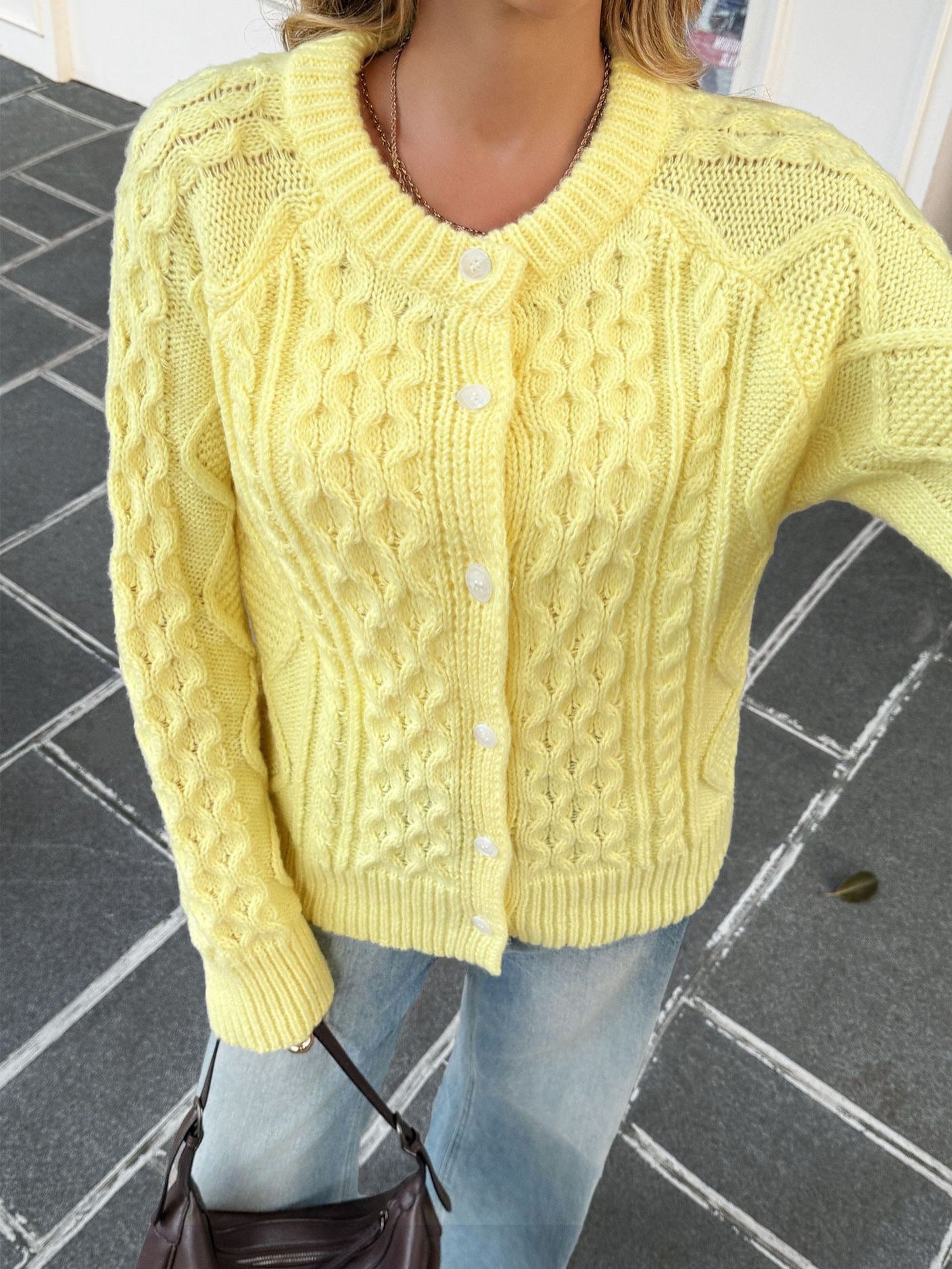 Yellow Cable Knit Button-Up Jacket