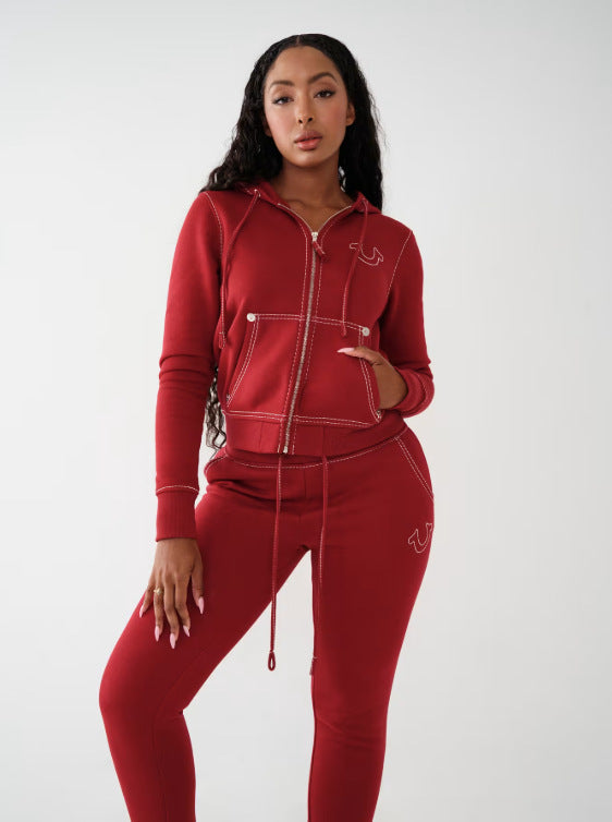 Zip-Up Hooded Set with Contrast Stitching