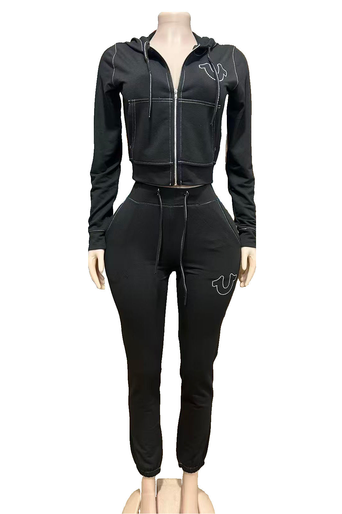 Zip-Up Hooded Set with Contrast Stitching