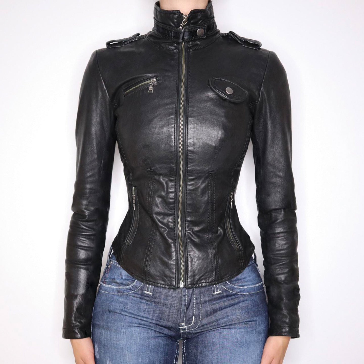 Black PU Leather Fitted Biker Jacket