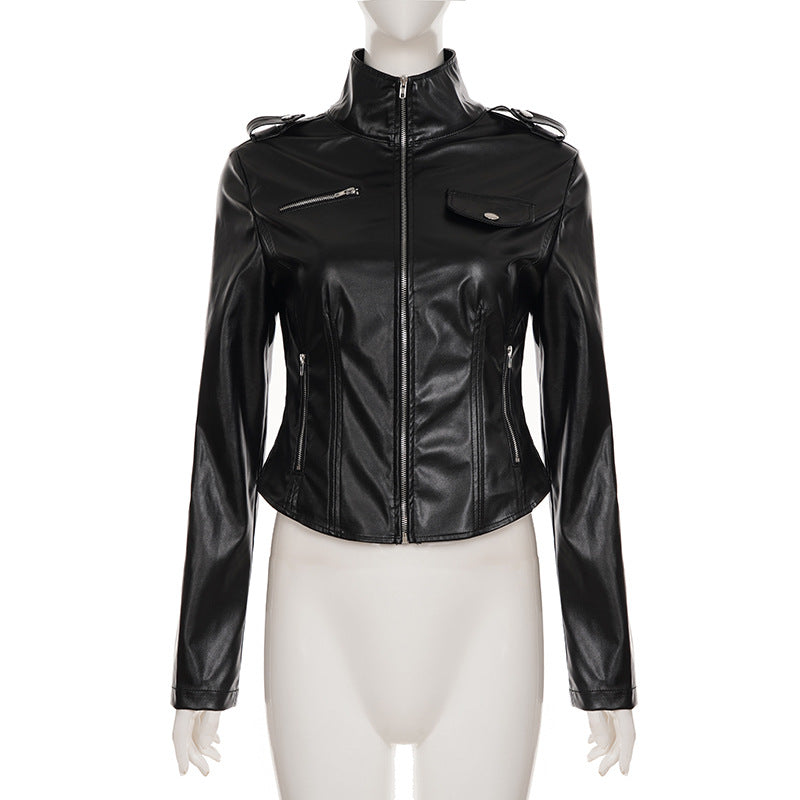 Black PU Leather Fitted Biker Jacket