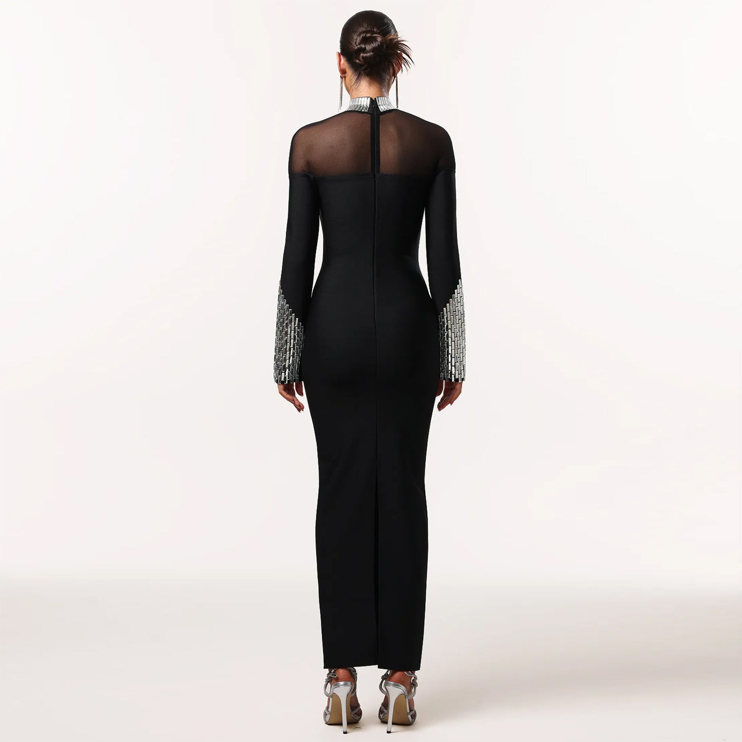 Evening Gown with Sheer Neck & Embellished Cuffs