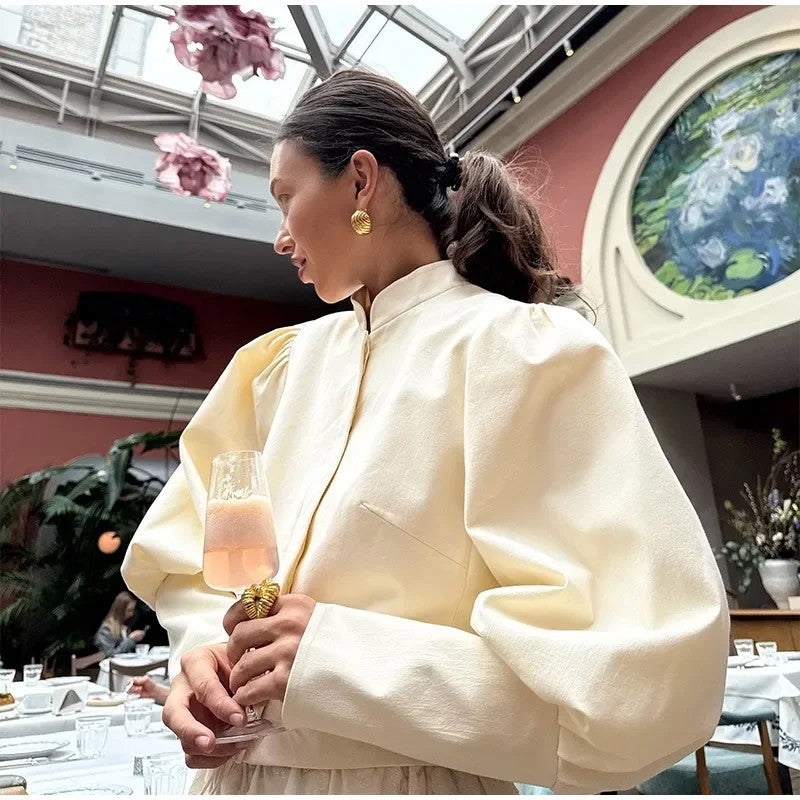 Button-Detail Puff Sleeve Jacket