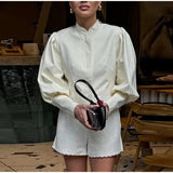 Button-Detail Puff Sleeve Jacket