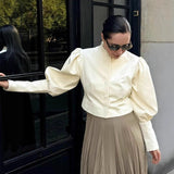 Button-Detail Puff Sleeve Jacket