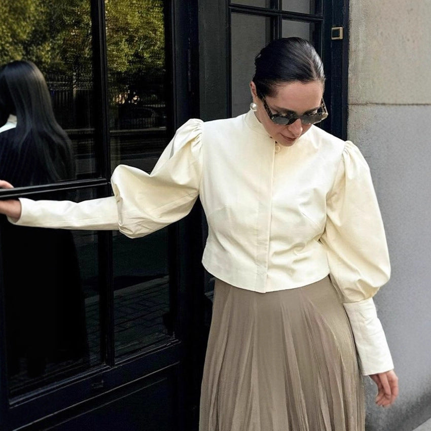 Button-Detail Puff Sleeve Jacket