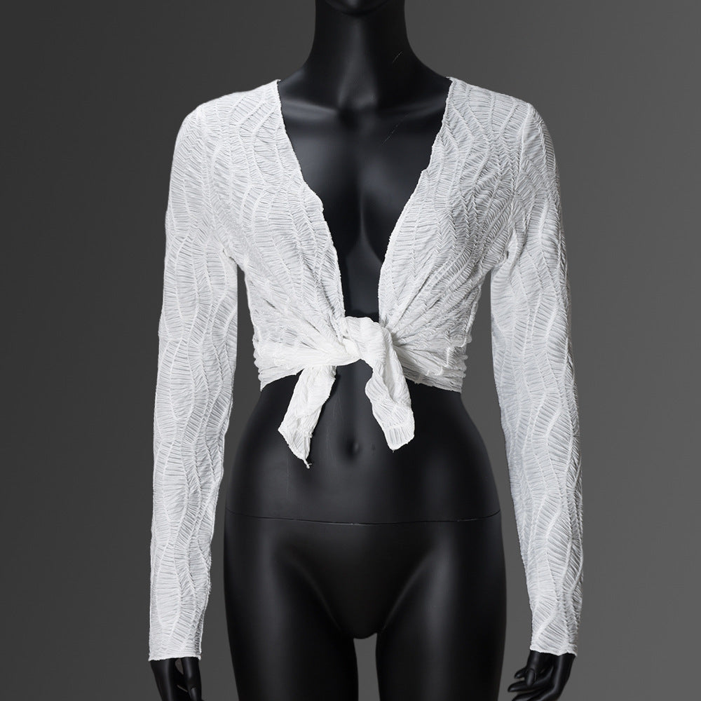 White Tie-Front Long Sleeve Top