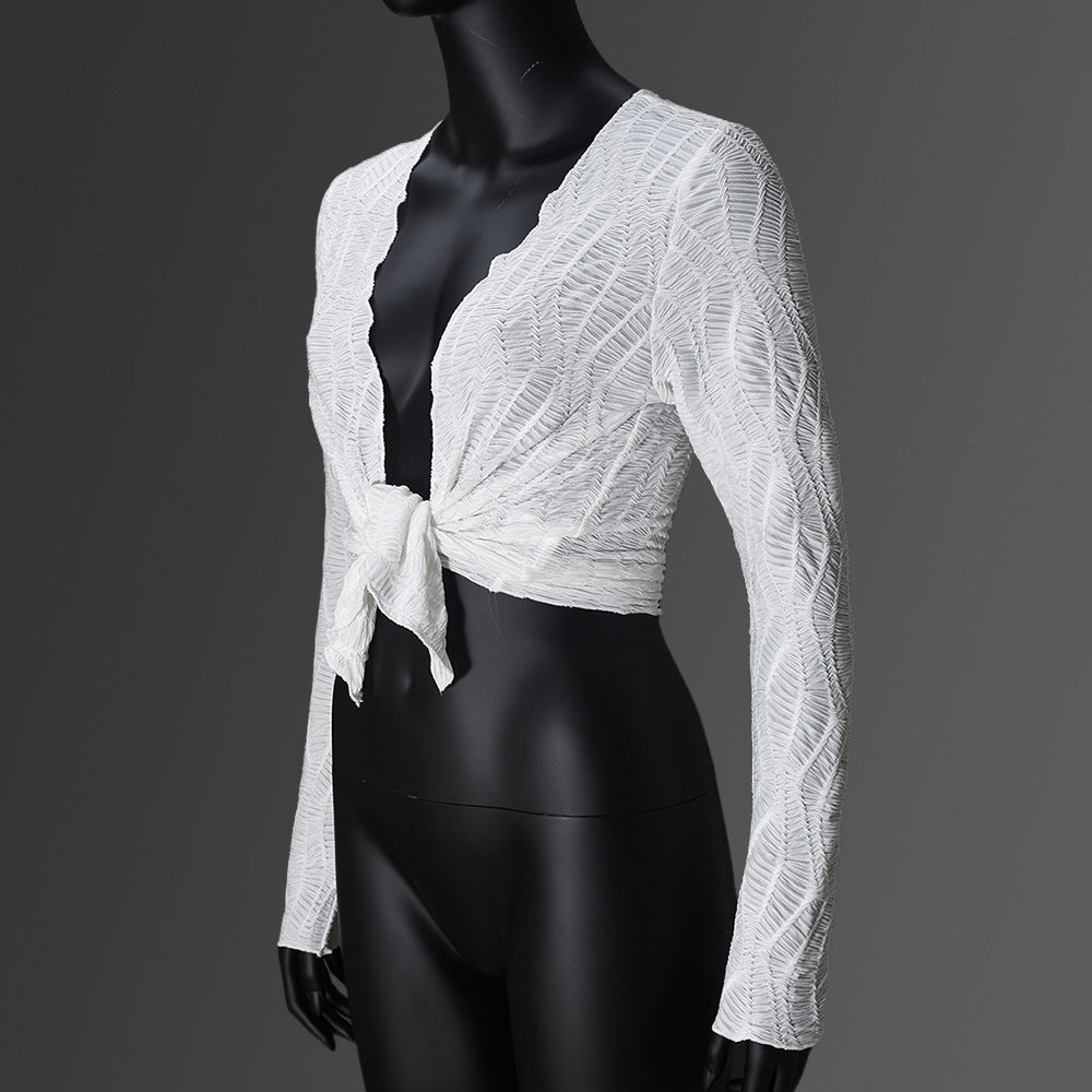 White Tie-Front Long Sleeve Top