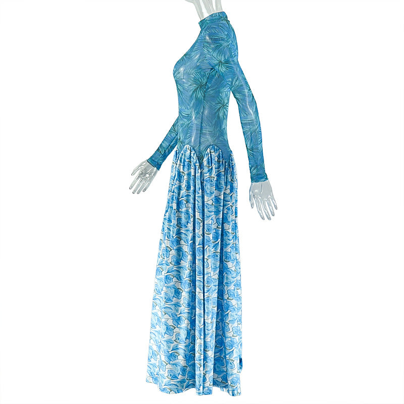 Chic Leaf Print Long-Sleeve Dress