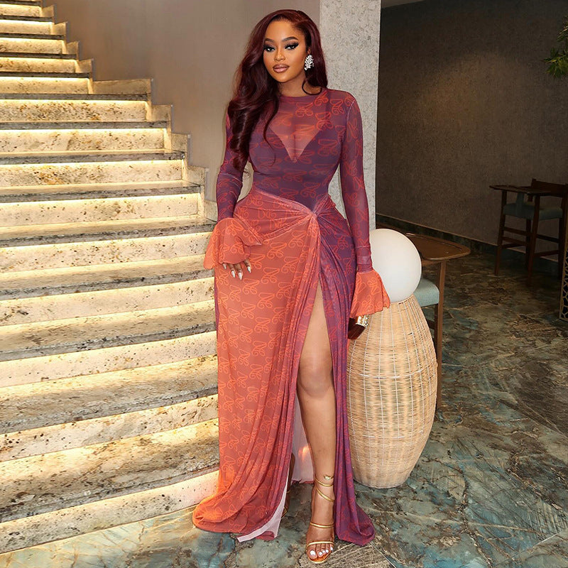 Two-Tone Dress with Ruffled Sleeves