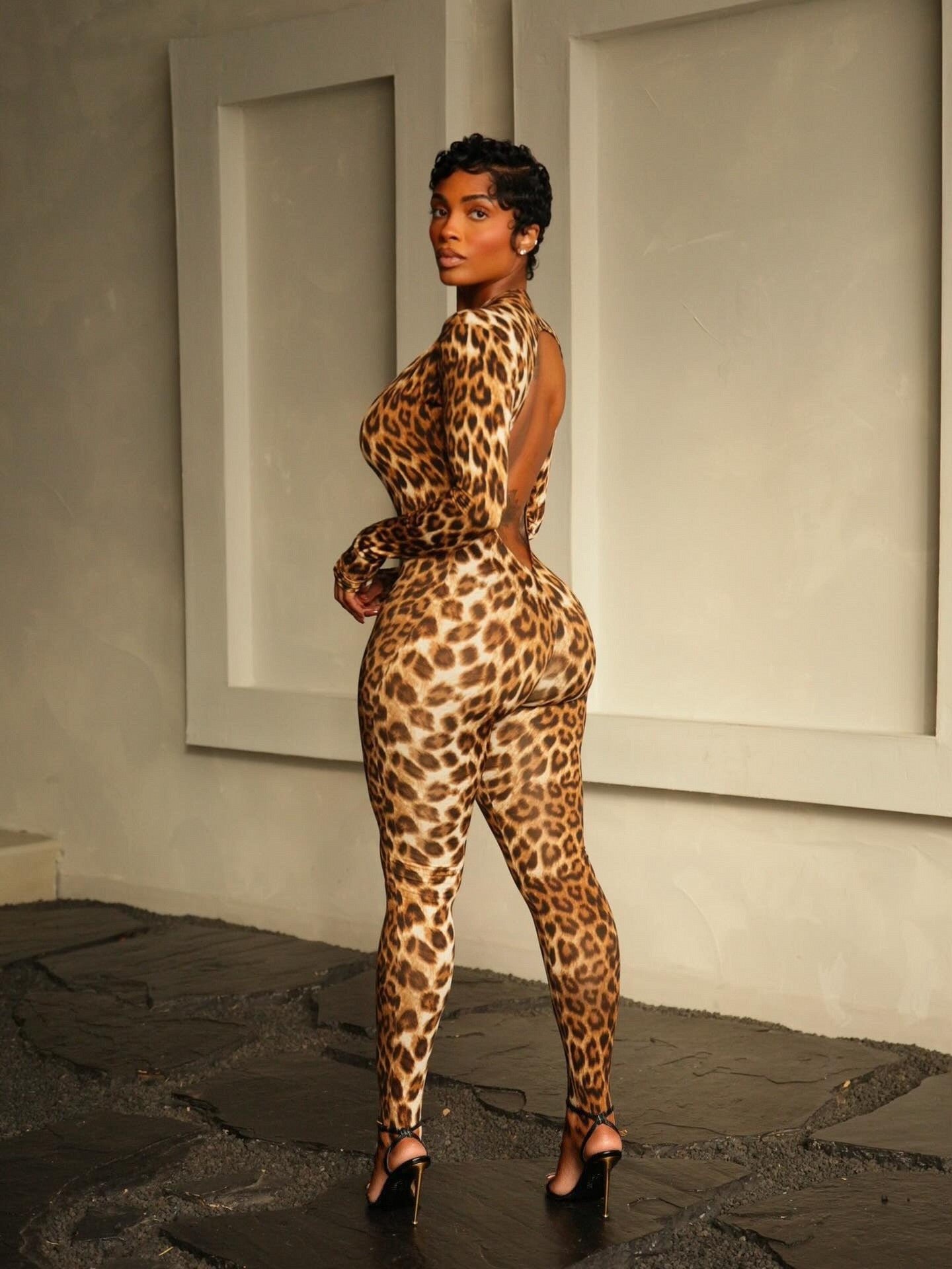 Leopard Print Jumpsuit with Deep Neckline