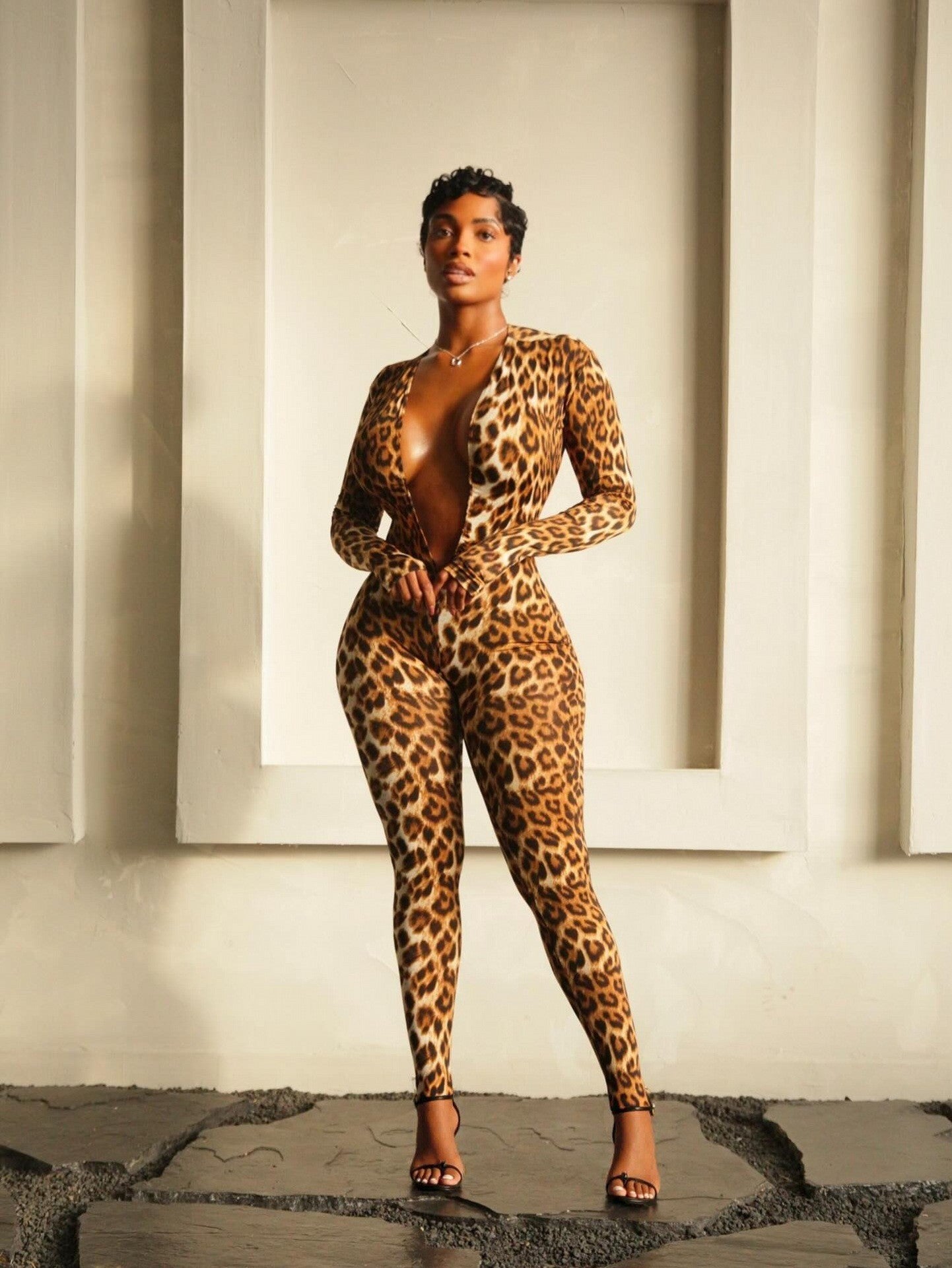 Leopard Print Jumpsuit with Deep Neckline