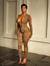 Leopard Print Jumpsuit with Deep Neckline