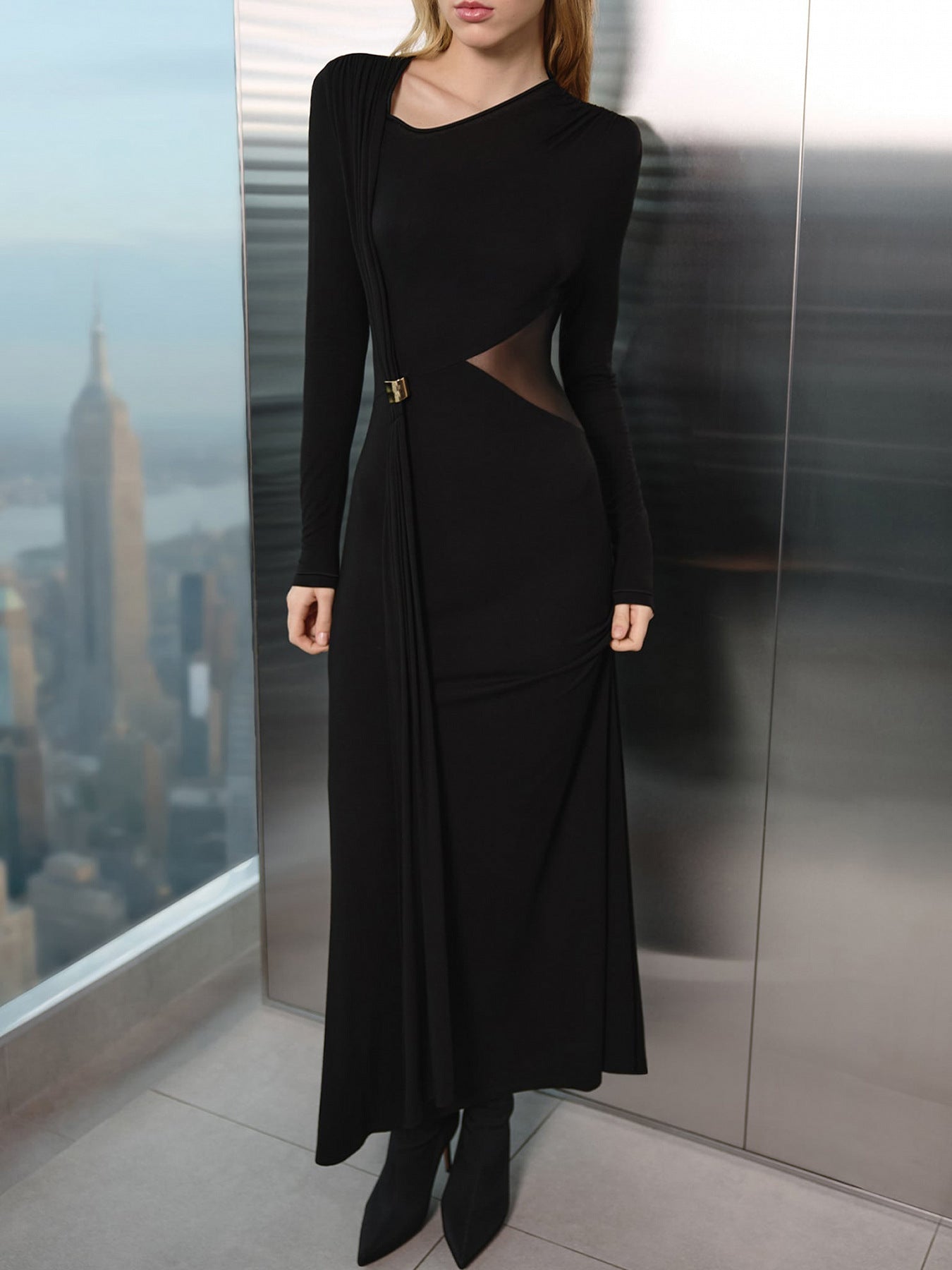 Cut-Out Long Sleeve Evening Dress
