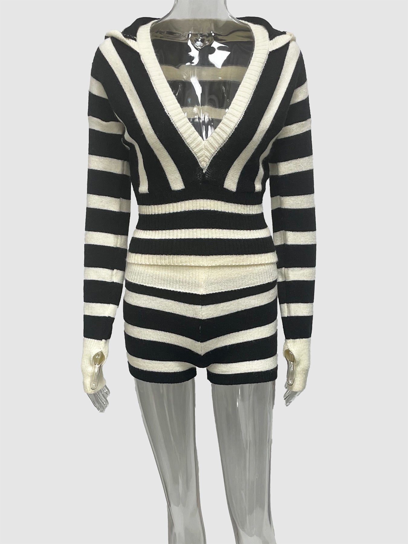 Striped Lounge Set with Deep V-Neck