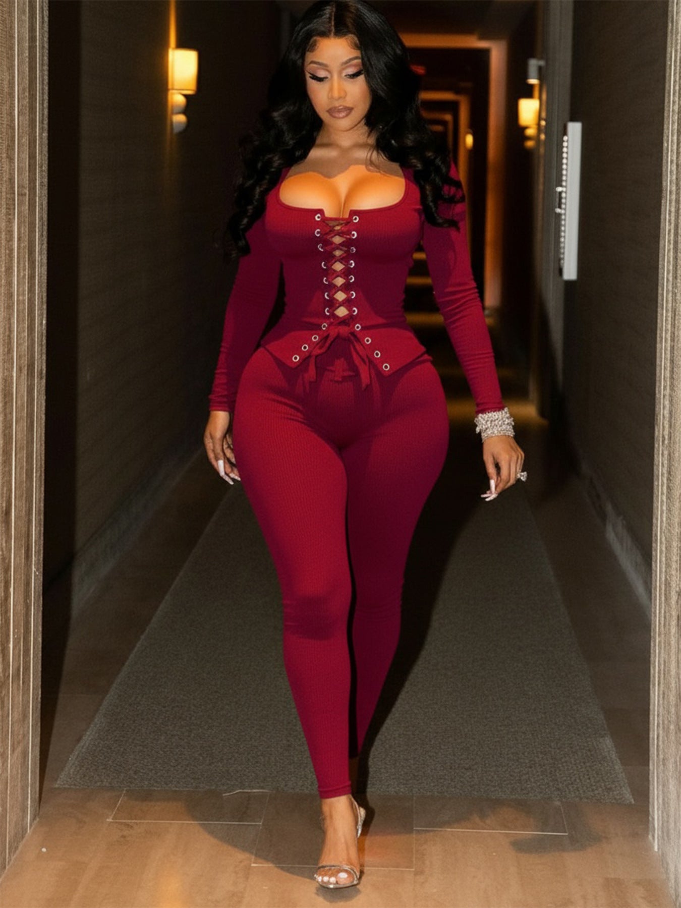 Elegant Lace-Up Bodycon 2 Piece Set