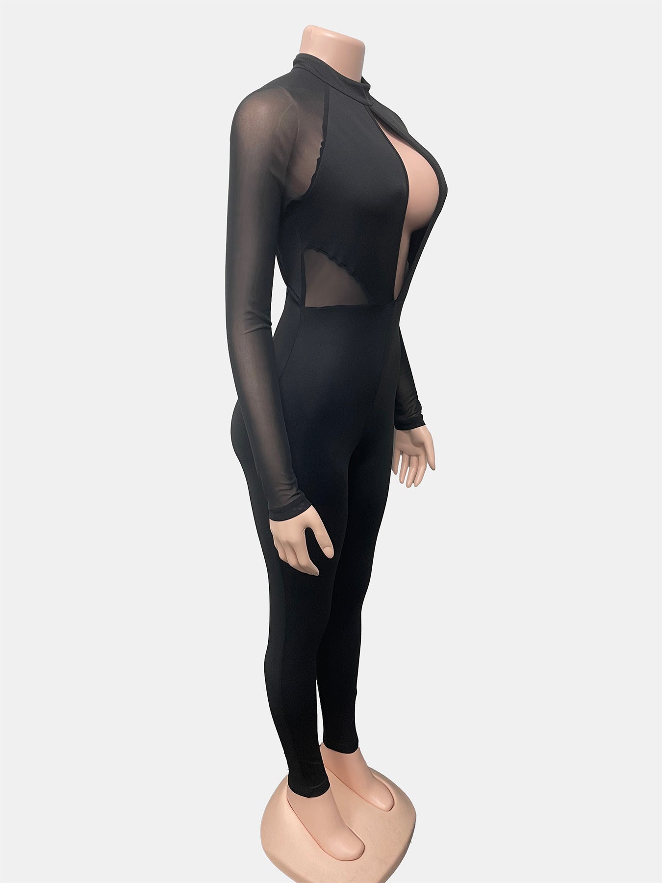 Black Mesh Cut-Out Bodycon Jumpsuit