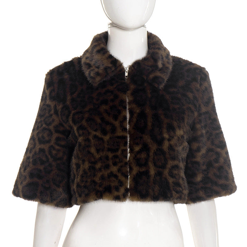 Leopard Print Fur Jacket with Zip Front