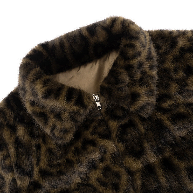 Leopard Print Fur Jacket with Zip Front