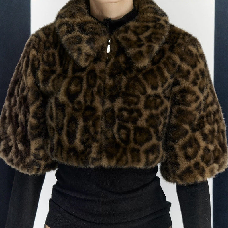 Leopard Print Fur Jacket with Zip Front