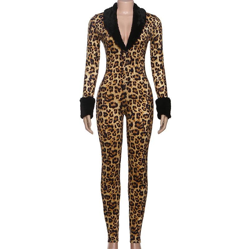 Leopard Print Jumpsuit with Faux Fur Details