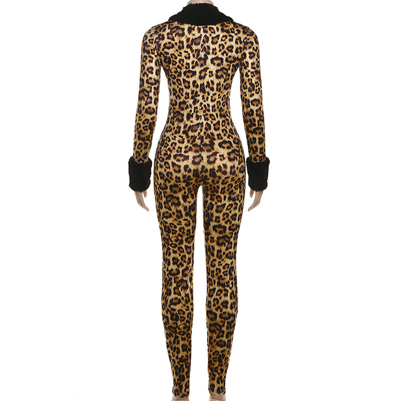 Leopard Print Jumpsuit with Faux Fur Details