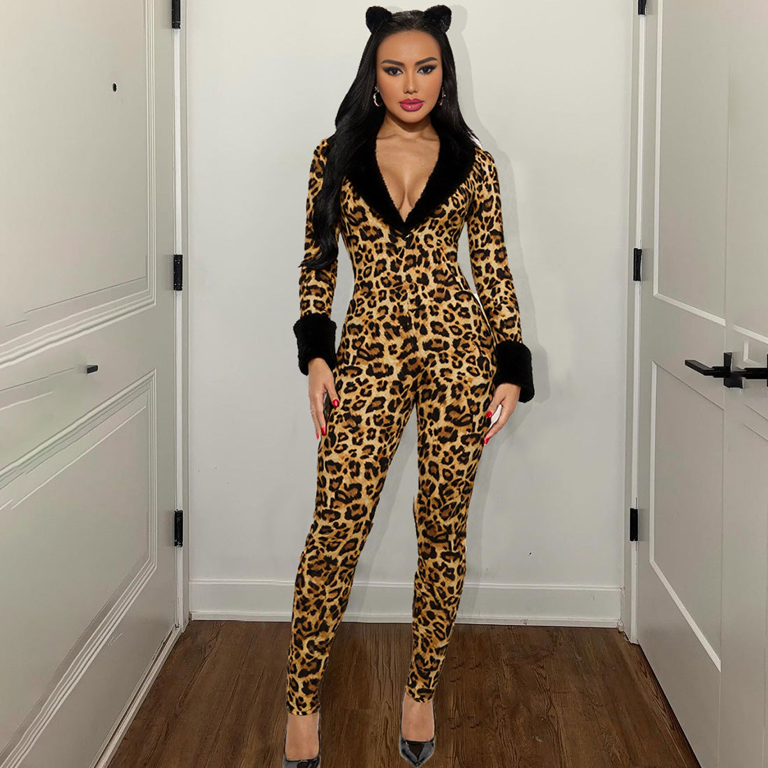 Leopard Print Jumpsuit with Faux Fur Details