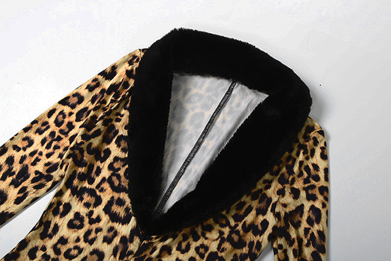 Leopard Print Jumpsuit with Faux Fur Details