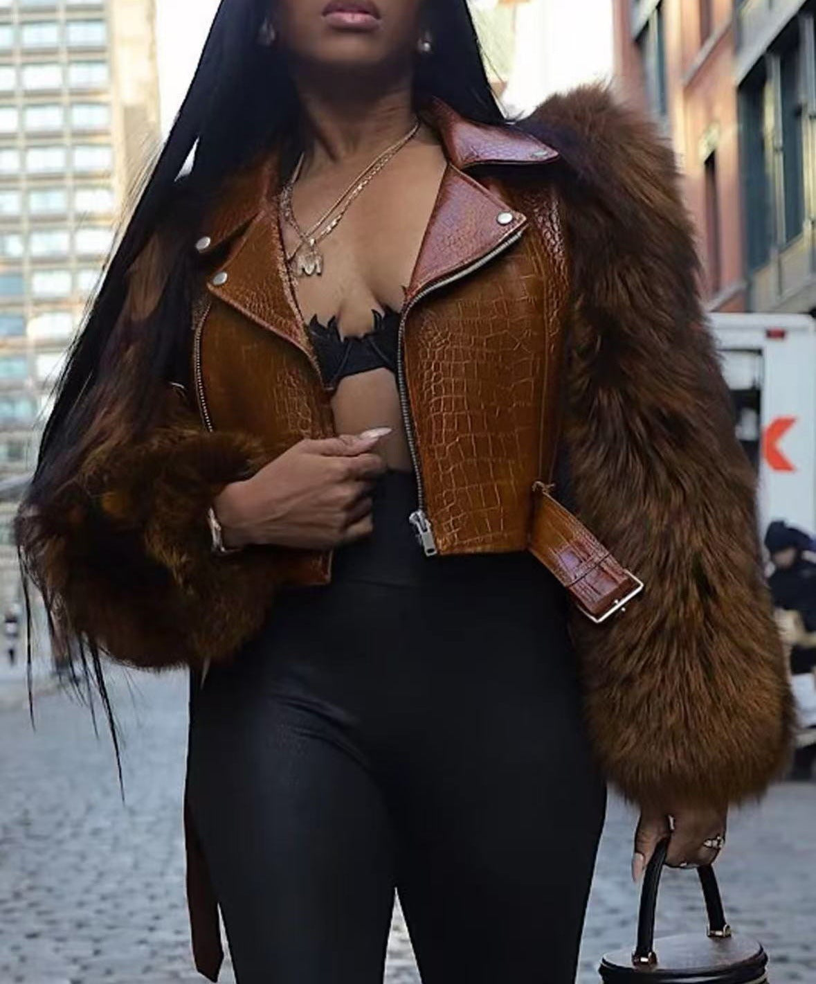 Croc-Effect Jacket with Fur Accents