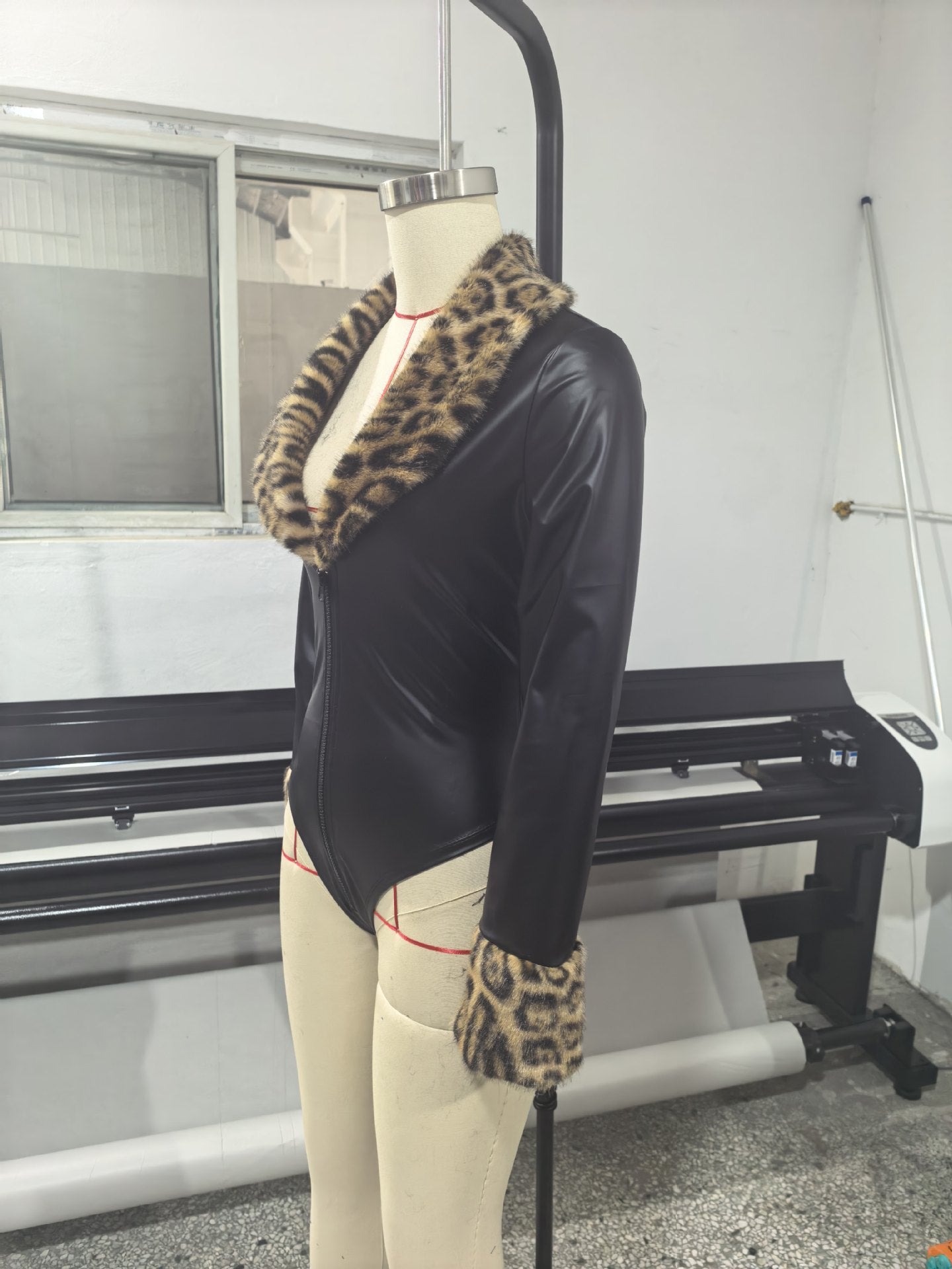 Faux Leather Jumpsuit with Fur Accents