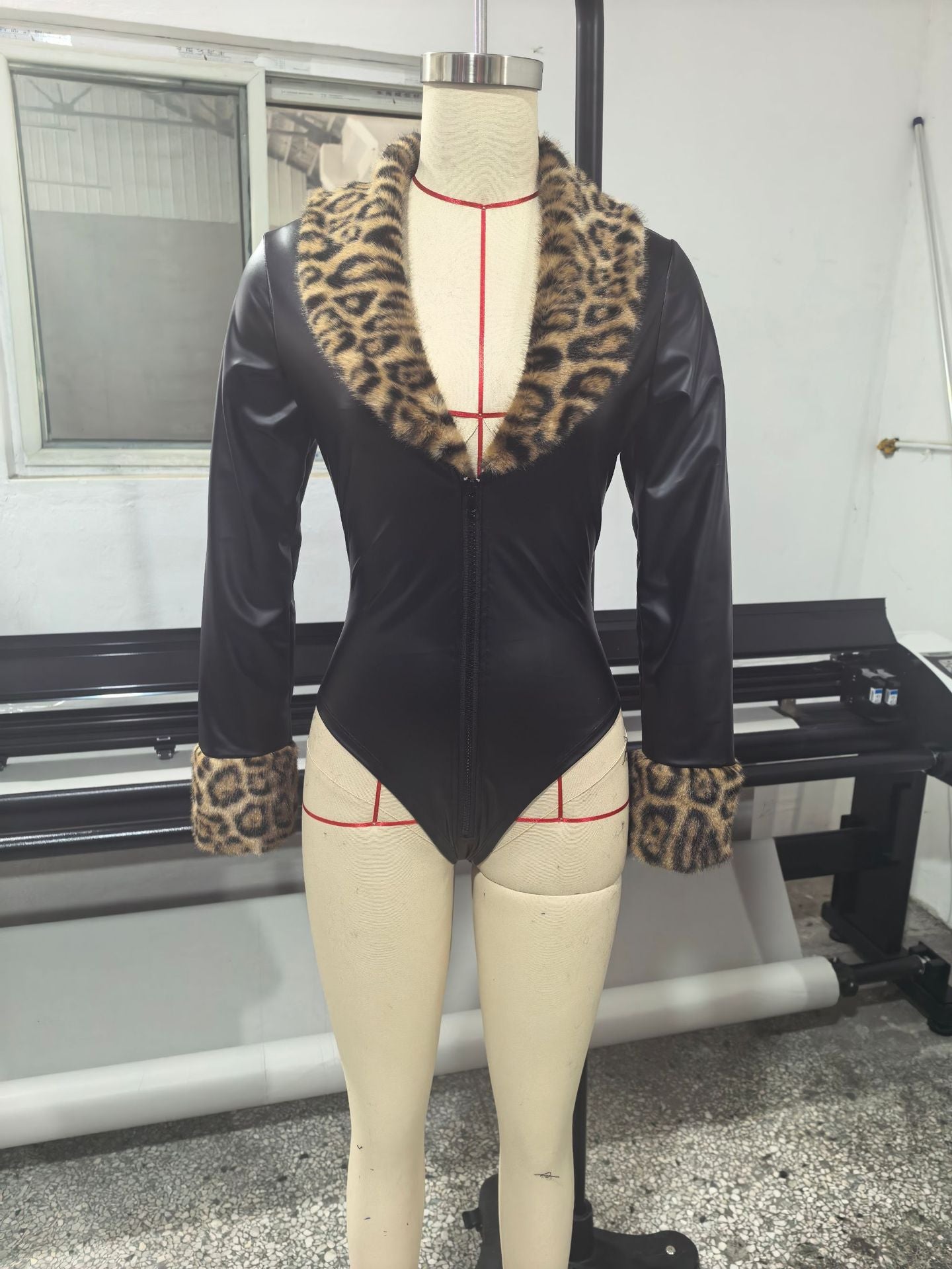 Faux Leather Jumpsuit with Fur Accents