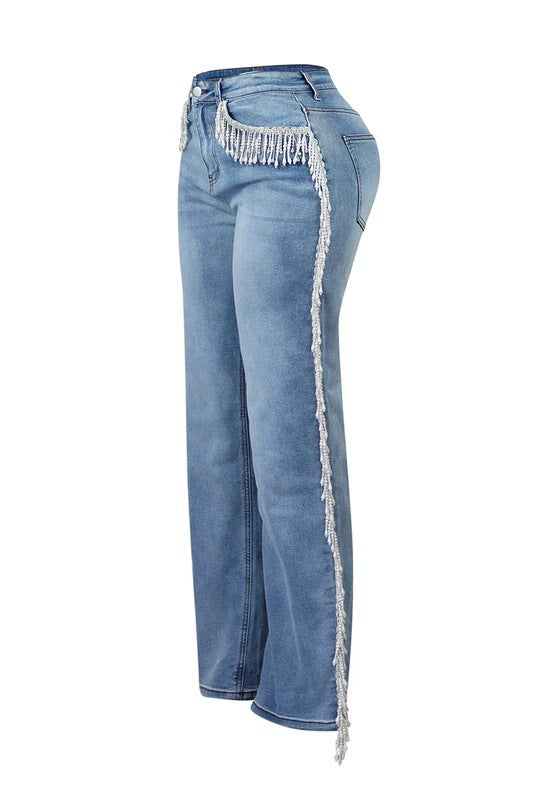 High-Waist jeans with Crystal Fringe Detail
