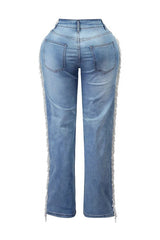 بنطلون جينز عالي الخصر مزين بشراشيب كريستالية