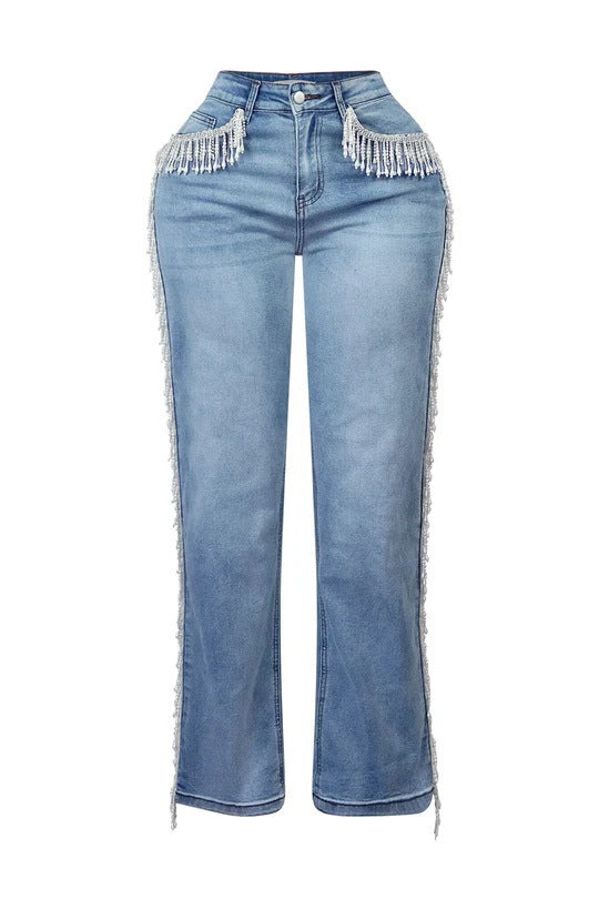 High-Waist jeans with Crystal Fringe Detail