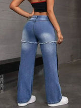 بنطلون جينز عالي الخصر بتصميم مرقع ممزق