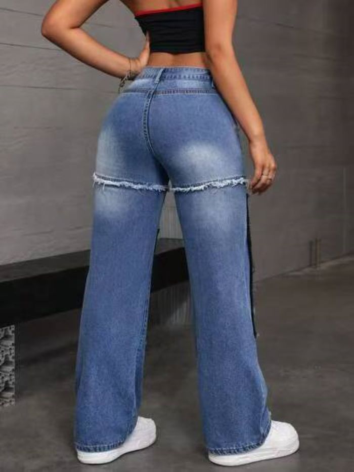 High-Waist Distressed Patchwork Jeans