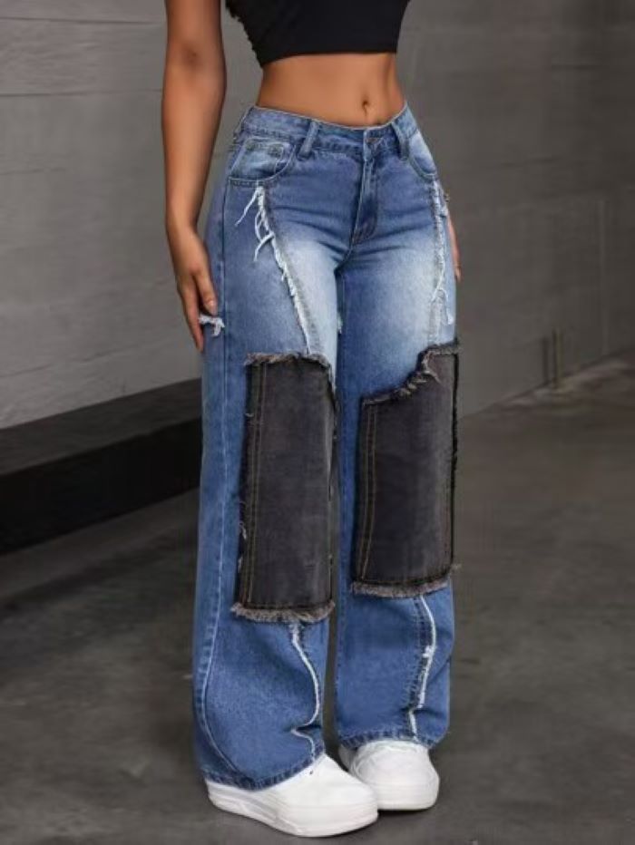 High-Waist Distressed Patchwork Jeans