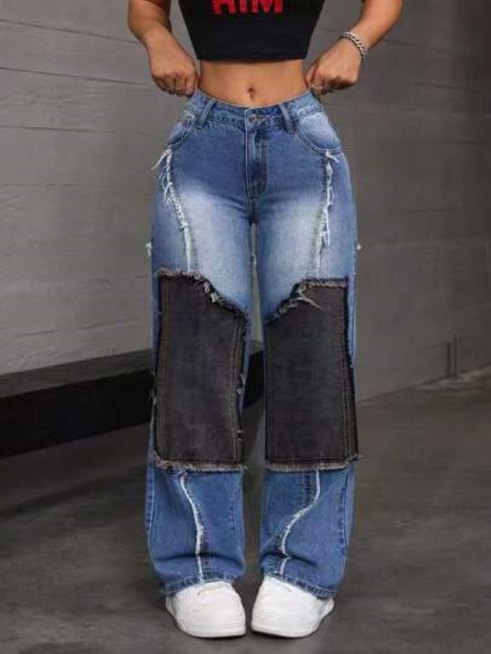 High-Waist Distressed Patchwork Jeans