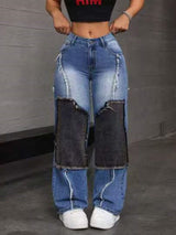 High-Waist Distressed Patchwork Jeans