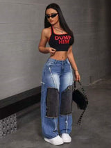 High-Waist Distressed Patchwork Jeans