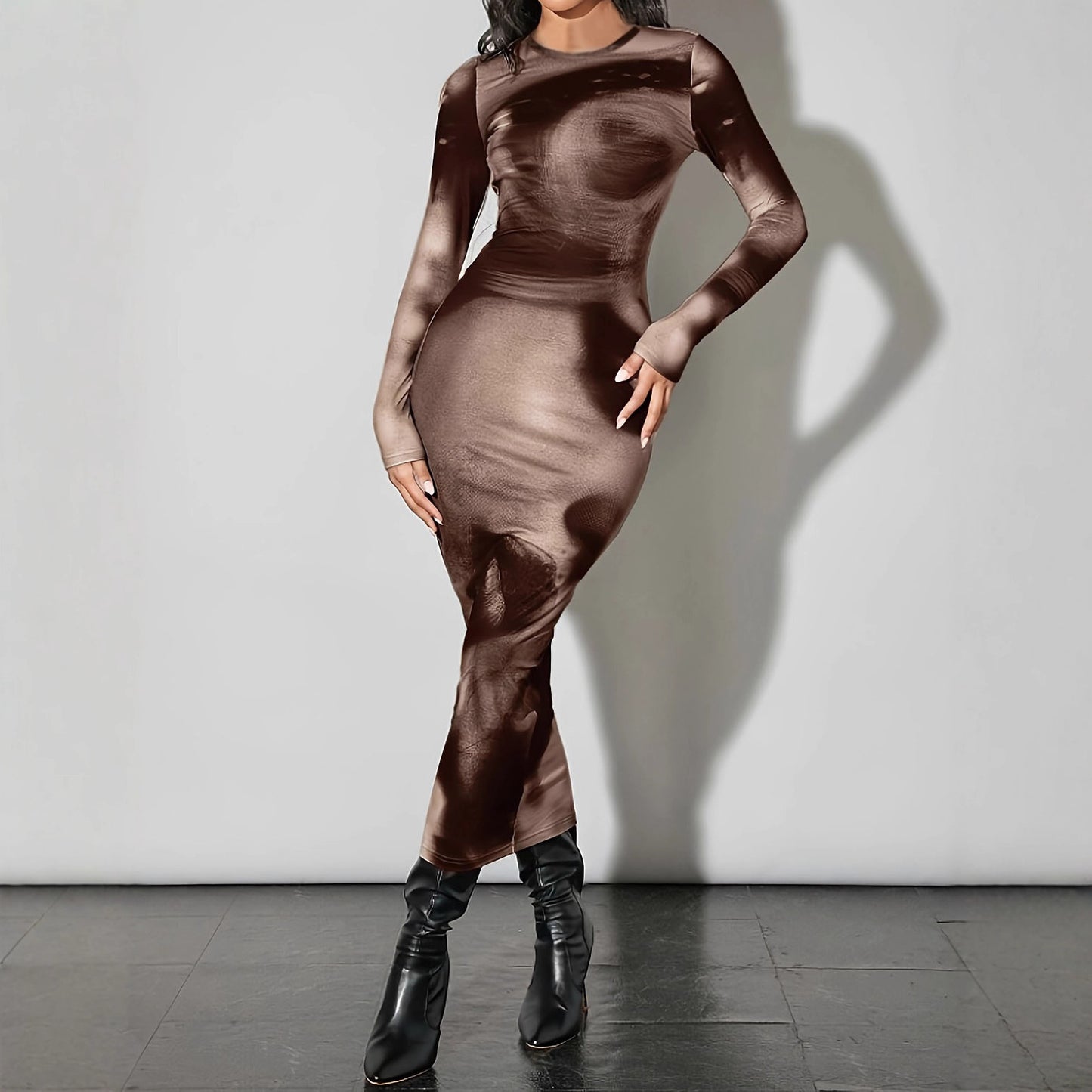 Brown Bodycon Dress with Long Sleeves